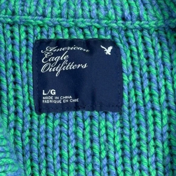American Eagle Chunky Knit Shawl Collar Cardigan Sweater LG Green‎ Blue Pockets - Picture 5 of 11